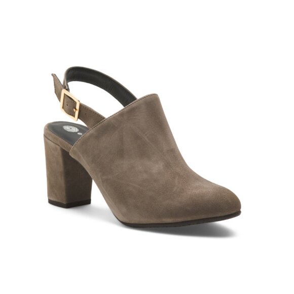 ERIC MICHAEL Taupe Made In Portugal Suede Blanche Heel Mules - Picture 1 of 2